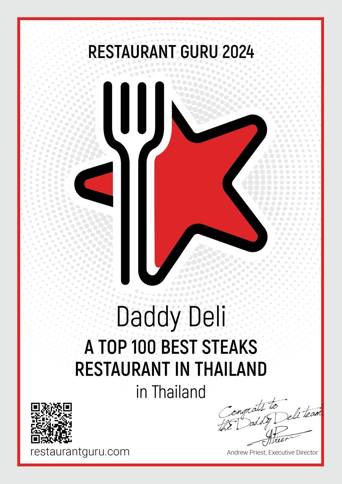 Restaurant Guru 2024, Daddy Deli, a top 100 best steaks restaurant in Thailand